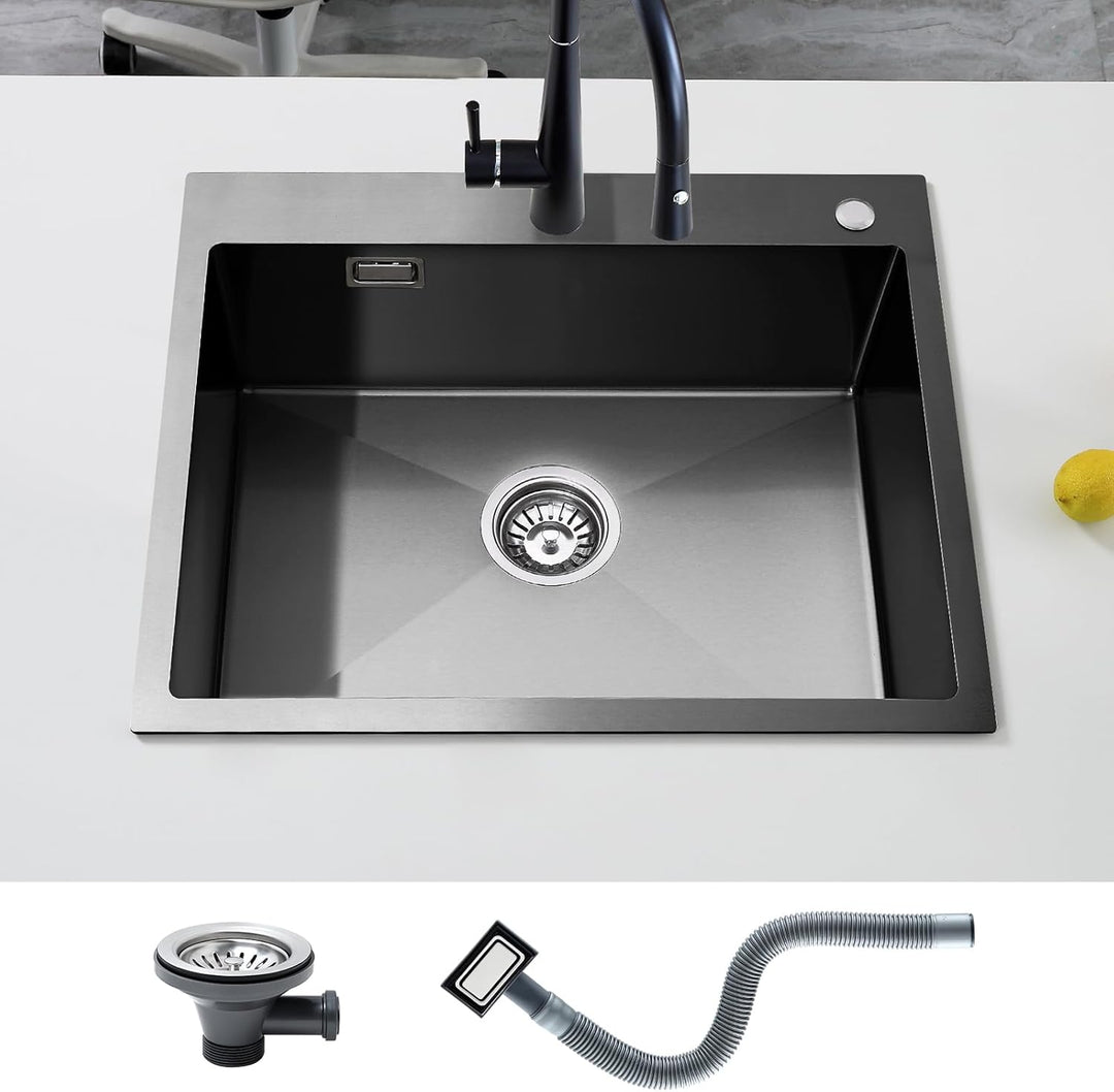 KEOKBON Spülbecken Küche Edelstahl Schwarz Anthrazit 60 x 50cm, Rechteckig Küchenspüle für 60cm brei