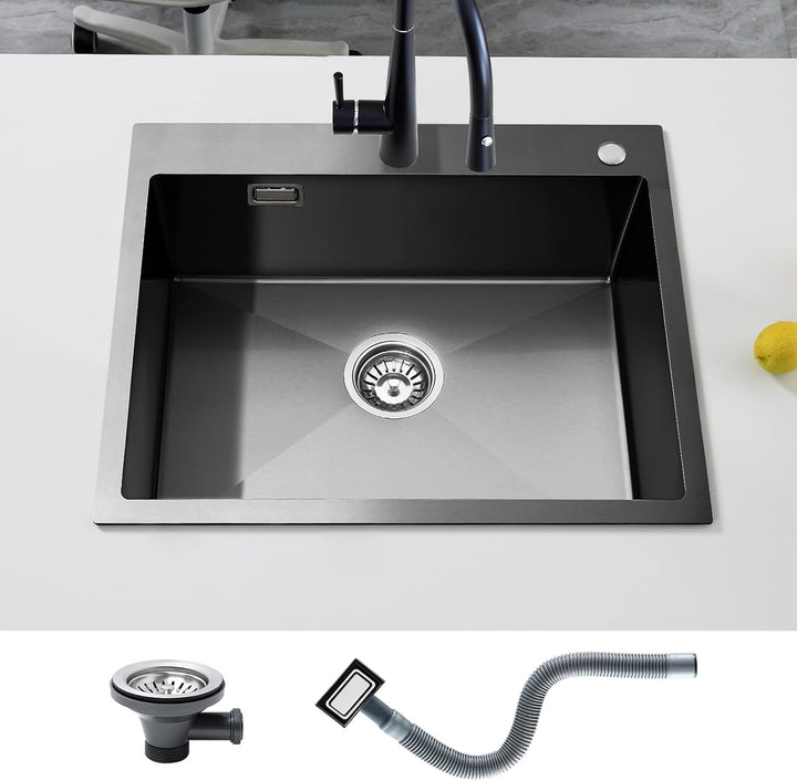 KEOKBON Spülbecken Küche Edelstahl Schwarz Anthrazit 60 x 50cm, Rechteckig Küchenspüle für 60cm brei