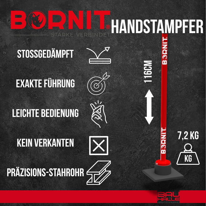 BORNIT Handstampfer zum Verdichten Gelenkschonend [reissfeste Schweissnähte] 18x18cm 7,2kg Erdstampf