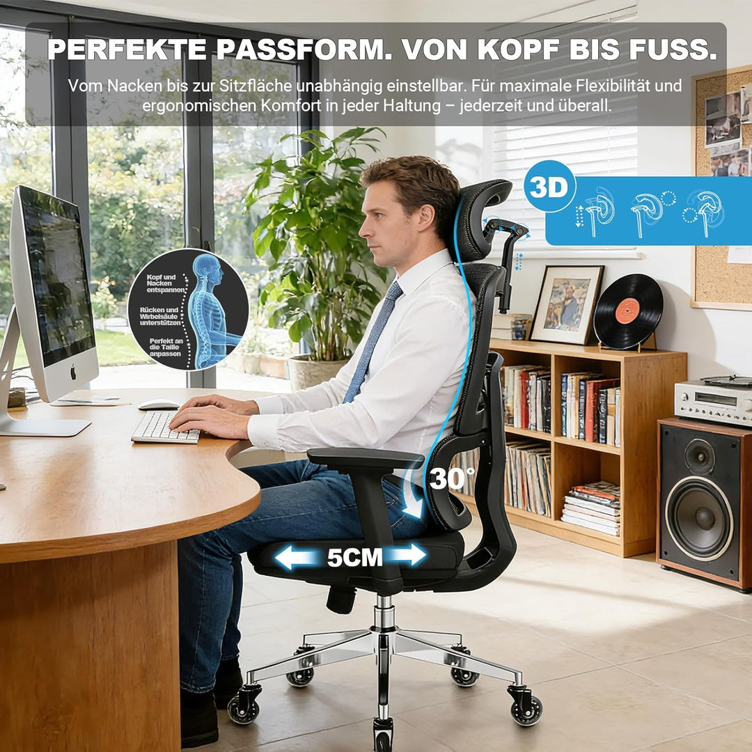 Bürostuhl Ergonomisch 200KG | 6P Verstellbare Rückenlehne | 4D-Armlehnen | Leises Gummirollen | Sitz