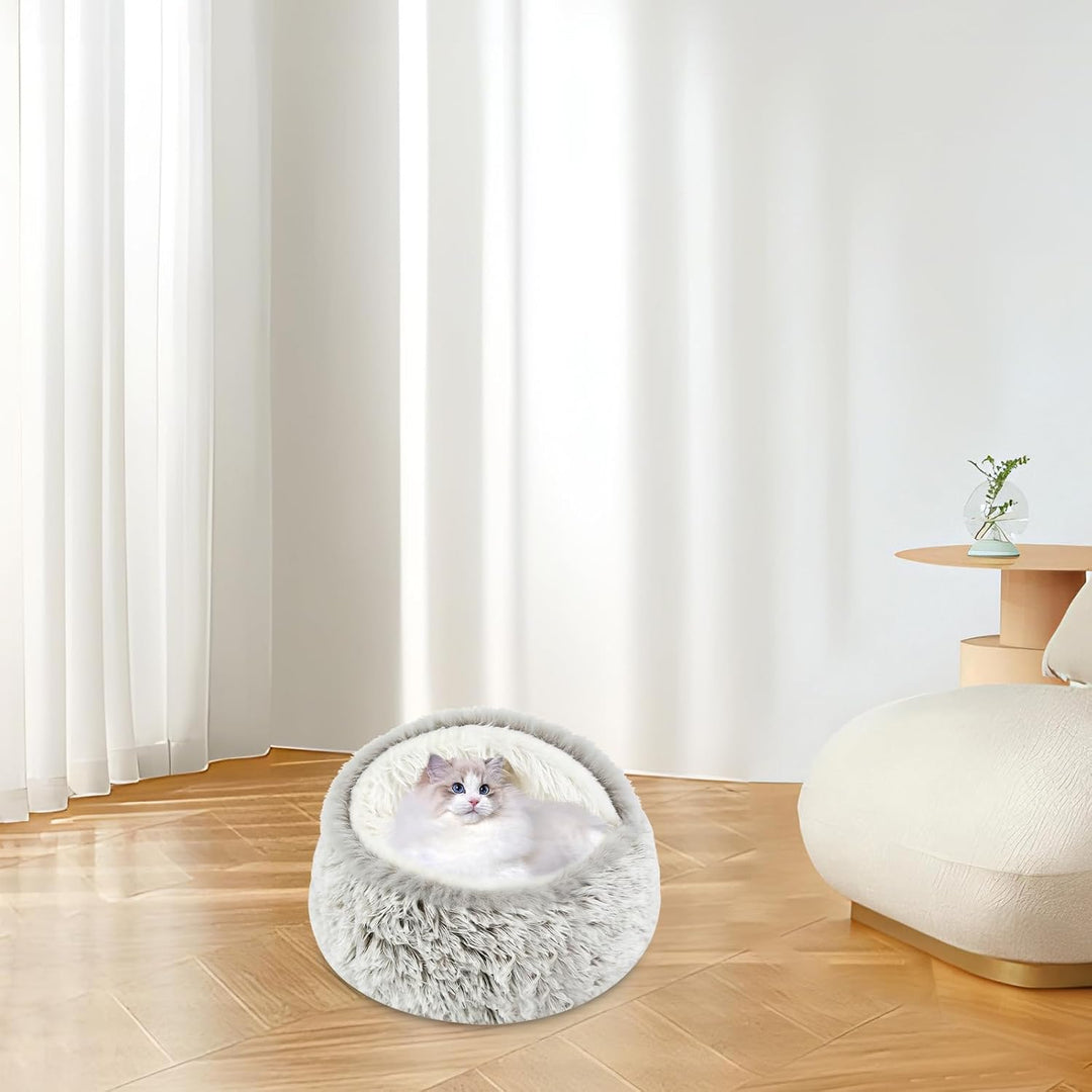 Katzenbett, Katzenhöhle mit rutschfeste Unterseite, Katzenkissen mit Plüsch Kapuze, Katzenschlafsack