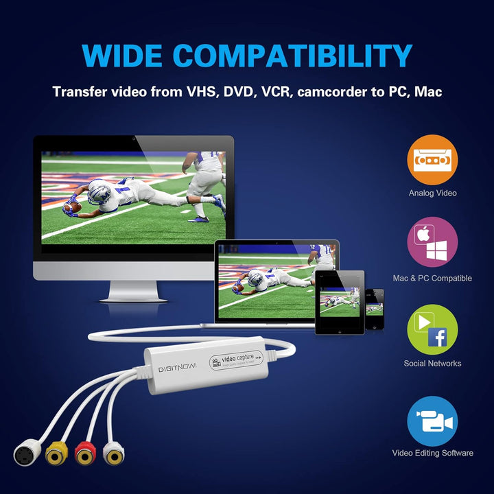 DIGITNOW! USB 2.0 Video Capture Card,VHS VCR TV zu DVD Converter,Unterstützung für Mac OS X PC Windo