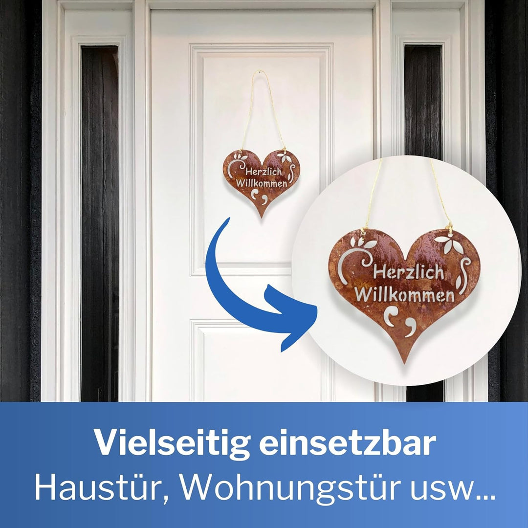 Radami Edelrost Herz - Willkommen - Schild Gartenstecker Metall Gartenfigur, Metall Figur Gartendeko