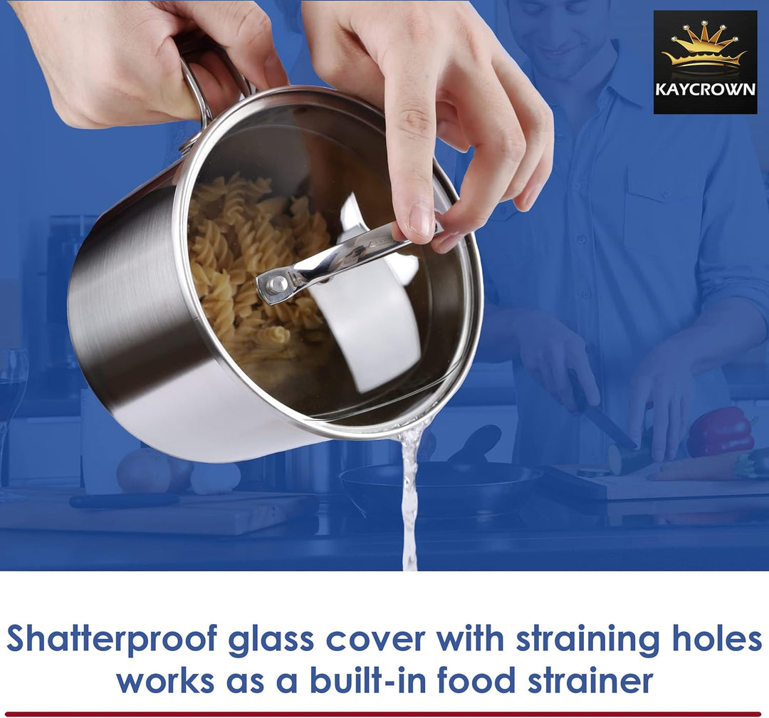 Edelstahl-Kochtopf mit Glasdeckel, Mehrzweck-Saucenpfanne mit Siebdeckel und Ausgiesser zum Kochen v