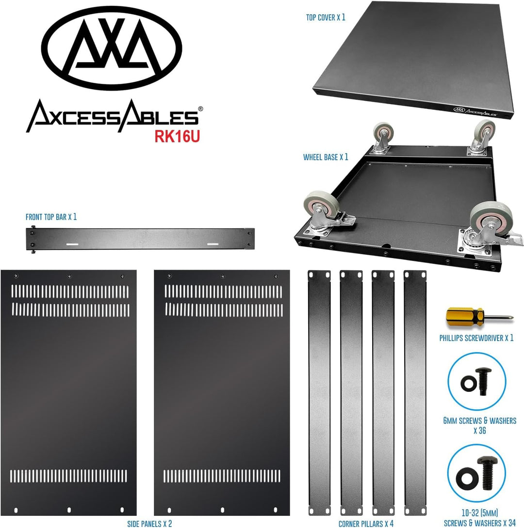 AxcessAbles 16U AV-Gehäuse mit Rädern, Metall-Studio-Schrank, 48,3 cm Universal-Ausrüstungsregal, Op