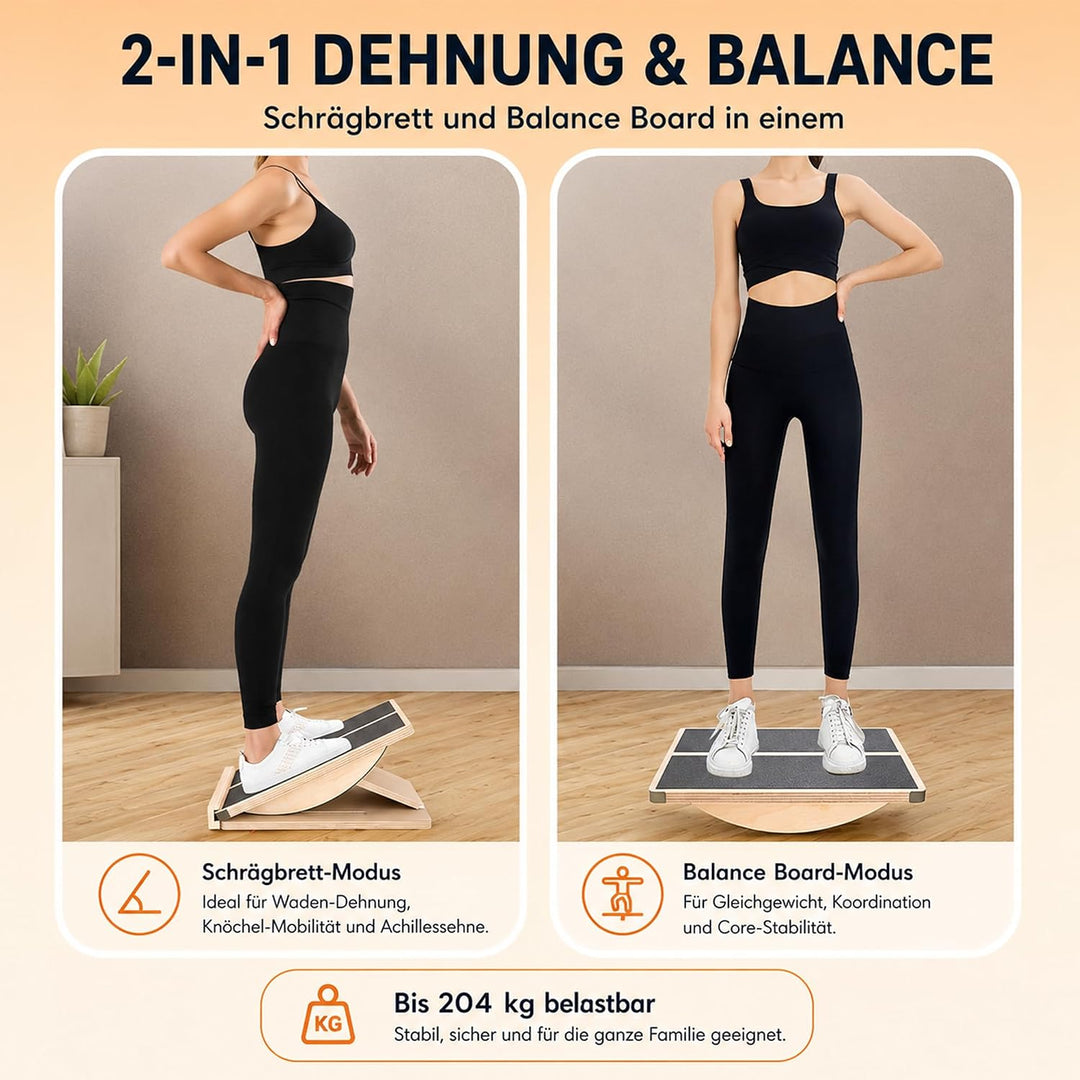Professionelles 2-in-1 Holz Schrägbrett & Balance Board Verstellbares Neigungsbrett und Wadendehner,