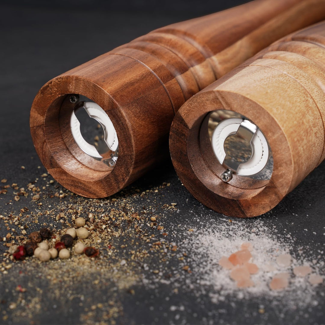 Salz- und Pfeffermühle Set, Gewürzmühlen 2er-Set, Salz und Pfeffer Mühle aus Akazienholz mit Keramik