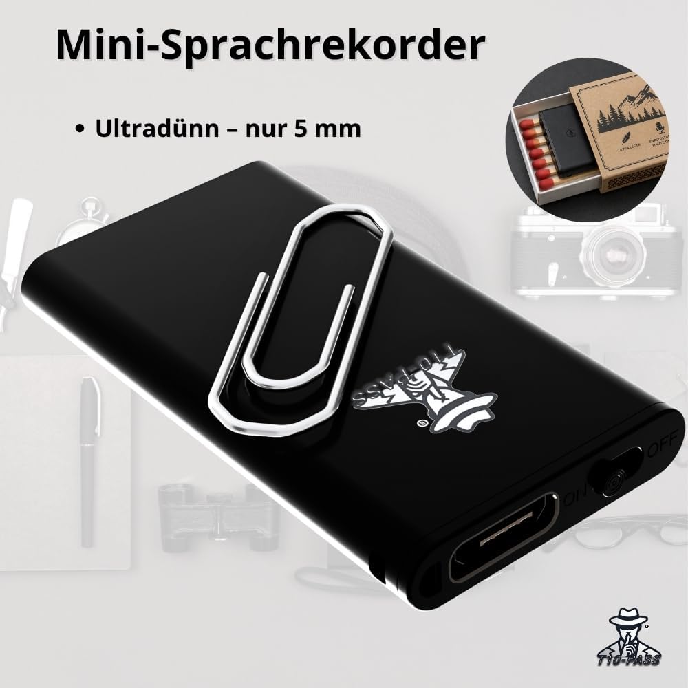 T10-PASS Mikro-Spionagegerät – Der kleinste ultra-kompakte Sprachrekorder (4 x 2 cm, 5 mm dick) – di