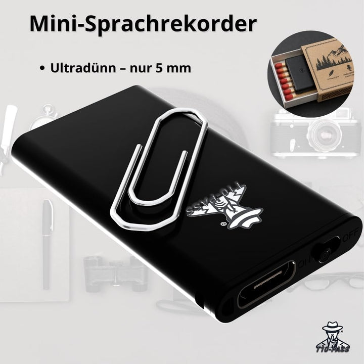 T10-PASS Mikro-Spionagegerät – Der kleinste ultra-kompakte Sprachrekorder (4 x 2 cm, 5 mm dick) – di