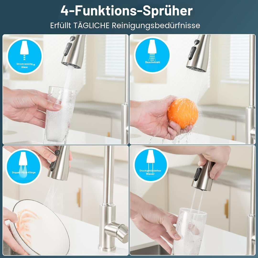 Wasserhahn Küche,Küchenarmatur Edelstahl,Ausziehbar Brause,4 Sprühfunktionen,Hoher Auslauf（187mm),36
