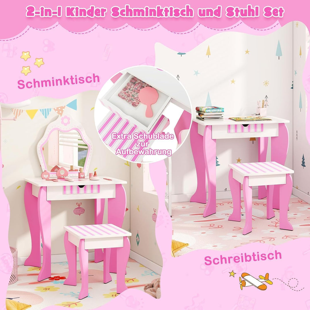 FANTASK Kinderschminktisch mit Hocker, Mädchenschminktisch mit abnehmbarem Spiegel & Schublade, Prin