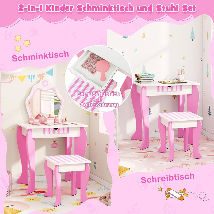 FANTASK Kinderschminktisch mit Hocker, Mädchenschminktisch mit abnehmbarem Spiegel & Schublade, Prin