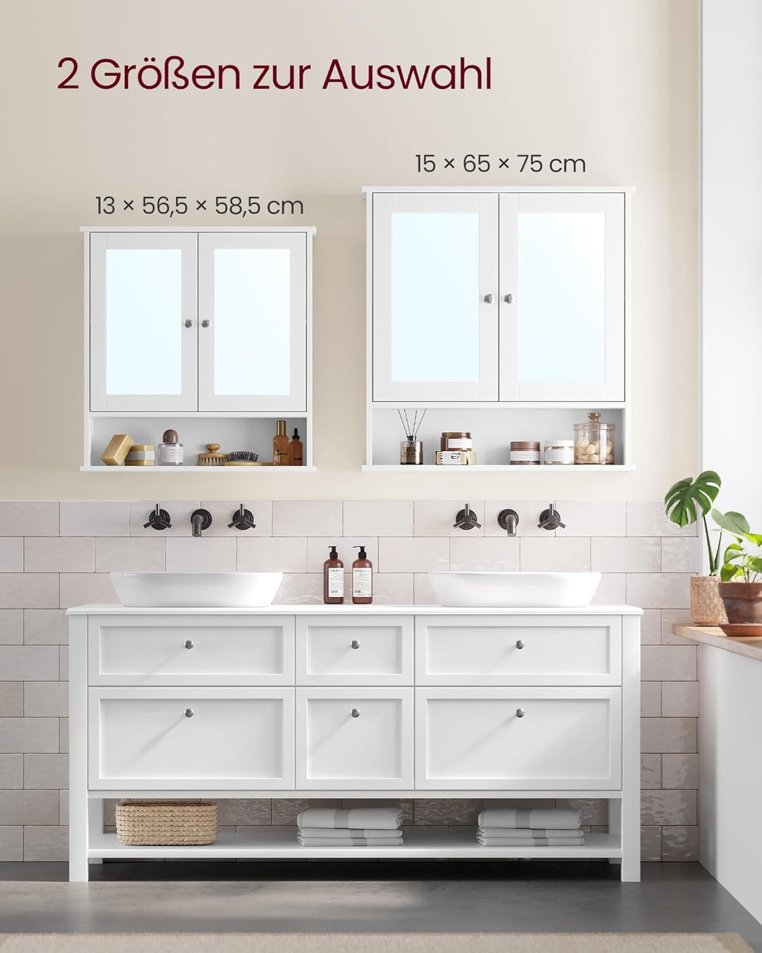 VASAGLE Spiegelschrank, Badschrank, Wandschrank, Hängeschrank mit 2 Spiegeltüren und offenem Fach, v