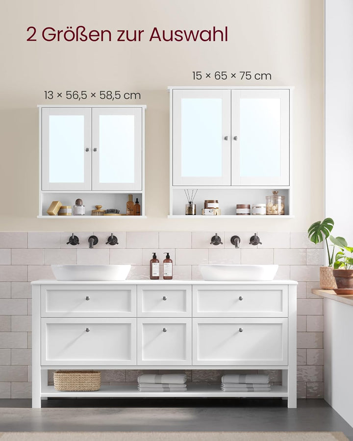 VASAGLE Spiegelschrank, Badschrank, Wandschrank, Hängeschrank mit 2 Spiegeltüren und offenem Fach, v