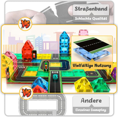 Lovchil 72 Teile Magnetische Bausteine Strassenset mit Autos, Strassenaufsatz-Set Magnetische Fliese