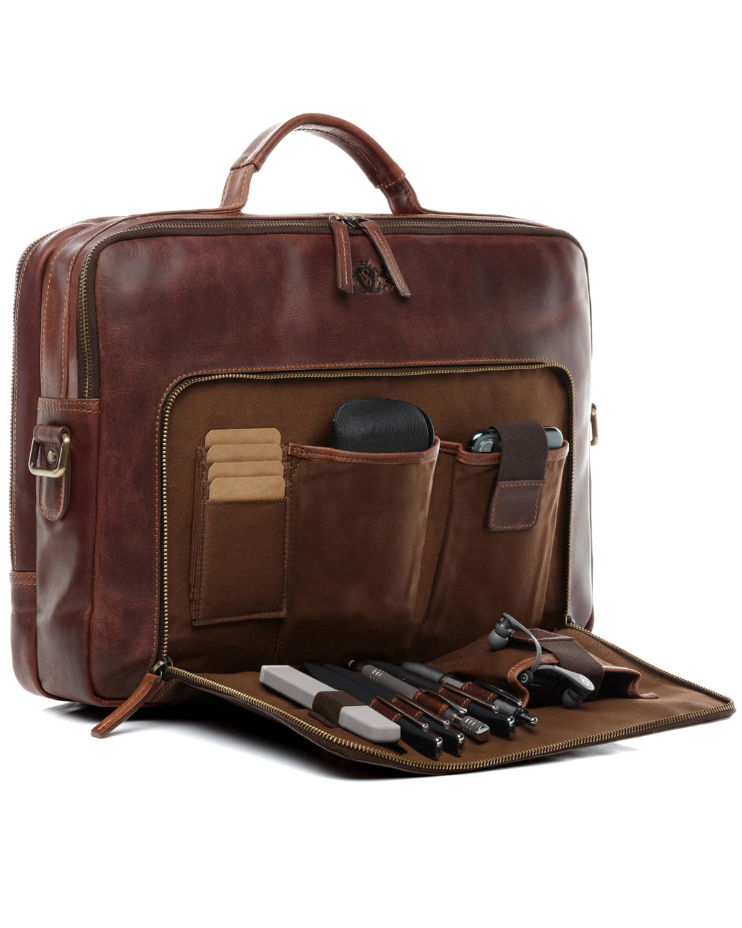 SID & VAIN grosse Laptoptasche mit Frontfach echt Leder - 15 bis 17 Zoll Laptop Business-Tasche SIMO