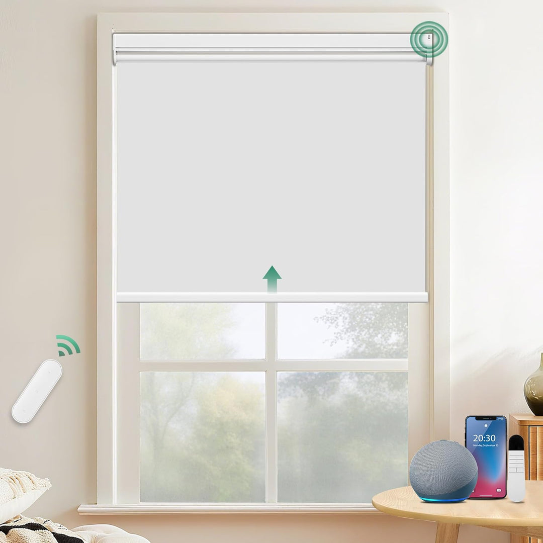 Allesin Elektrische Rollos mit Fernbedienung, Weiss Verdunklungsrollo 70x120cm (BxH) Klemmträger Ohn