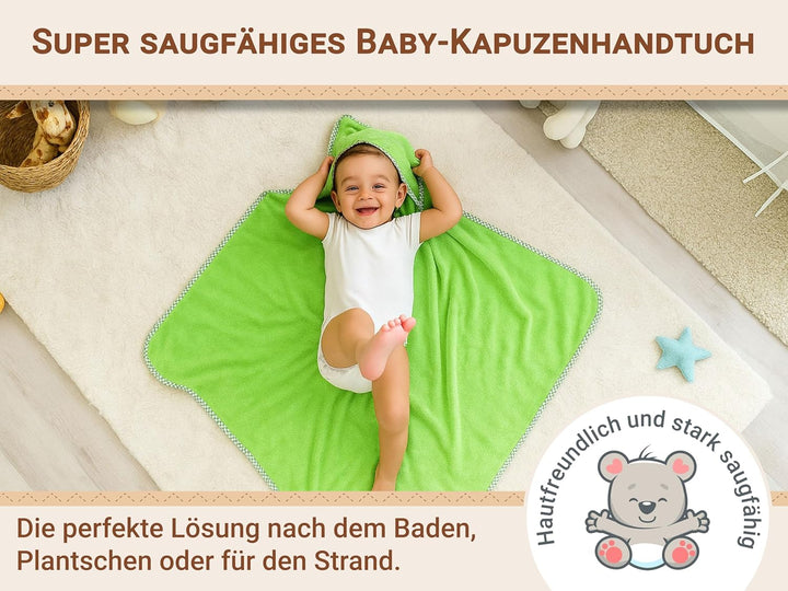 ZOLLNER Baby Kapuzenbadetuch, Kapuzenhandtuch, 100x100 cm, Baumwolle, grün, Grün
