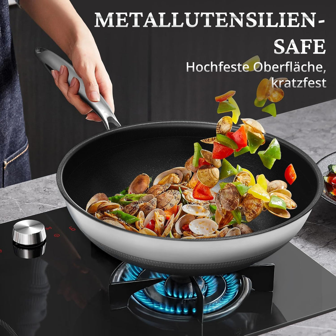 KOKHUB 30 cm Antihaft-Wok mit Deckel, Titan-Keramik-Edelstahl-Wokpfanne, grosse Kapazität für 3-5 Pe