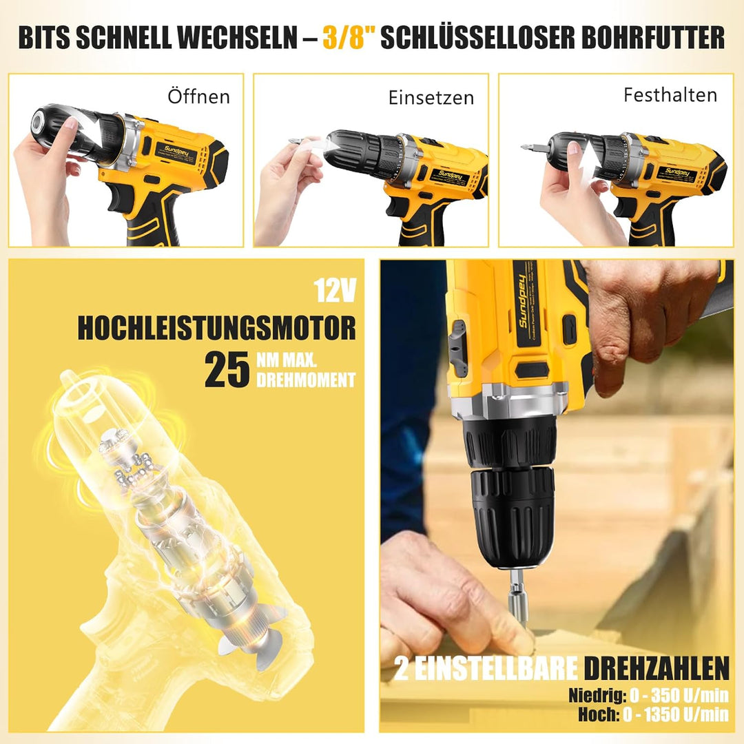 Sundpey Werkzeugkoffer Gefüllt 166tlg, 12V Akkuschrauber zum Anziehen/Lösen von Schrauben, Komplette