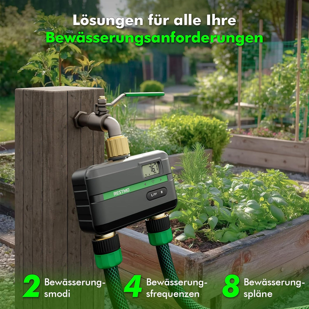 RESTMO 2 Zone Bewässerungscomputer mit Durchflussmesser, Bewässerungssteuerung für Garten &amp; Rasen, M