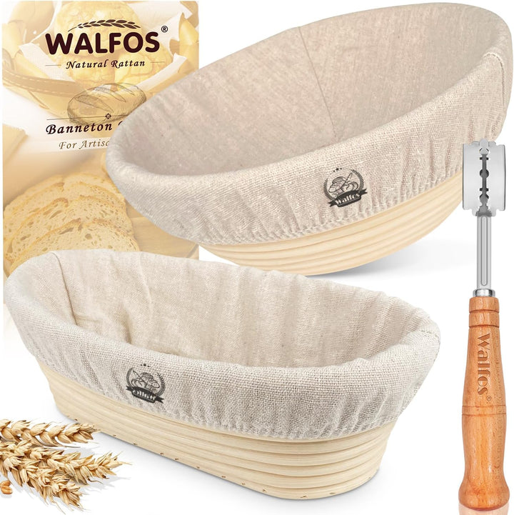 Walfos® Gärkorb zum Brotbacken 2er- Set, Gärkörbchen-Set (Runde 23cm+Oval 25cm), 100% Natürlichem Ra