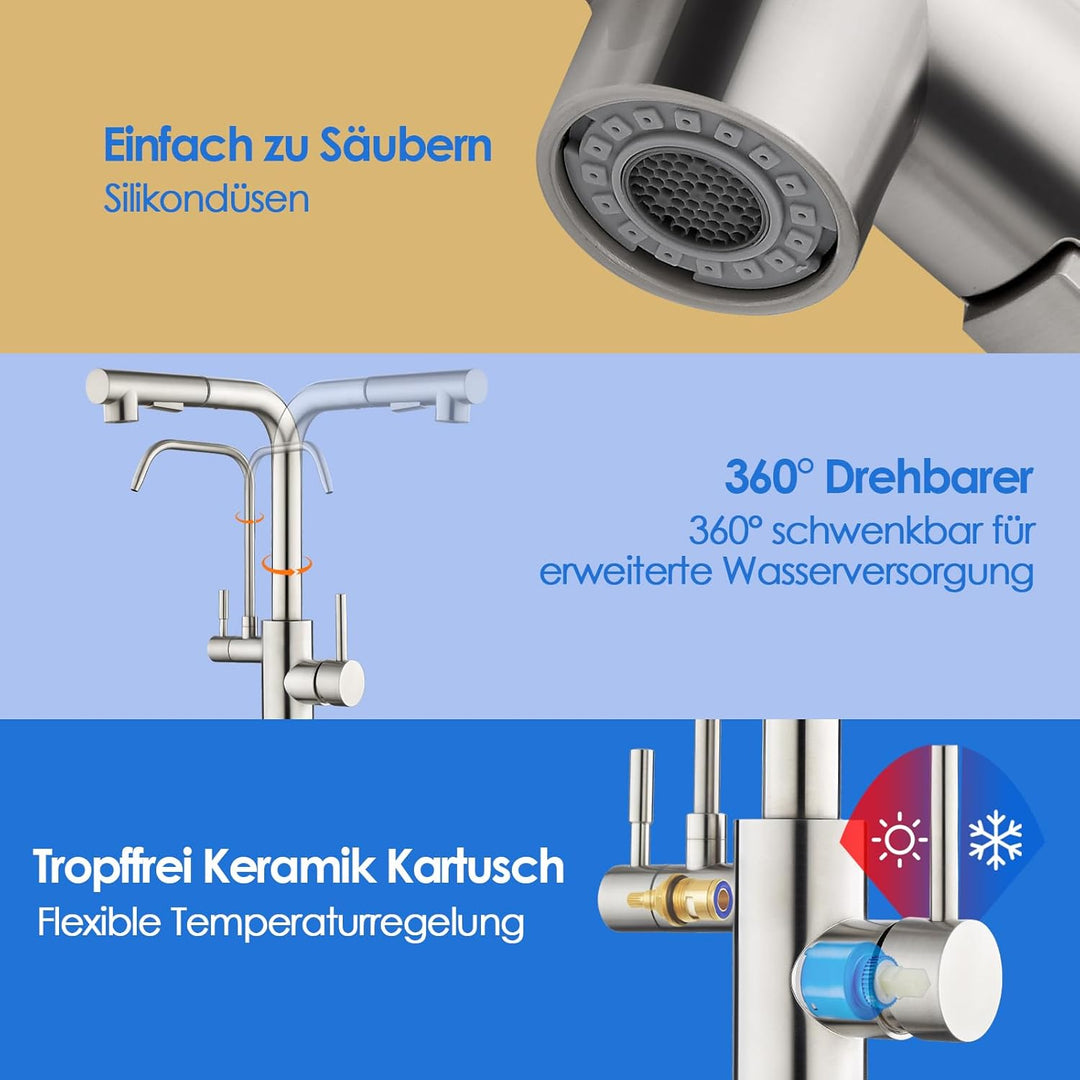 ROVOGO 3 Wege Wasserhahn Küche mit Filter, Hochdruck Küchenarmatur mit 2 Strahlarten Brause Ausziehb