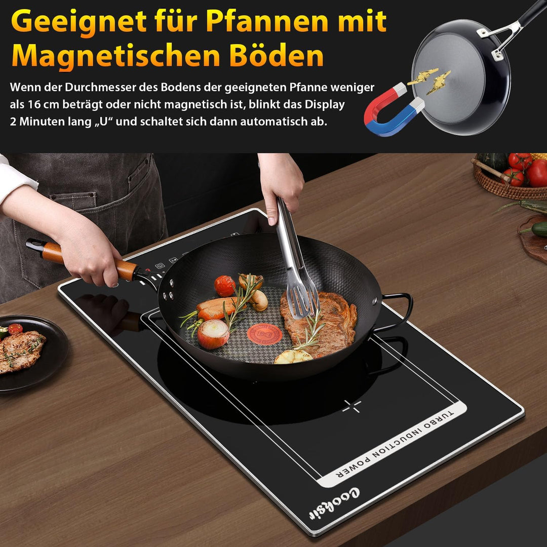 Induktionskochfeld 2 Platten mit Stecker Einbau 30CM, Herdplatte 2 Kochfelder mit Rahmen, 3500W, Kom