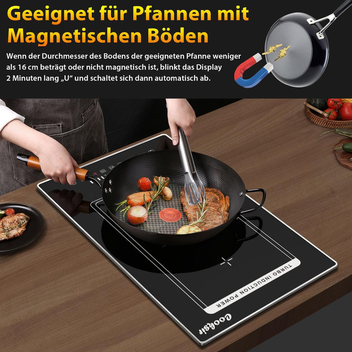 Induktionskochfeld 2 Platten mit Stecker Einbau 30CM, Herdplatte 2 Kochfelder mit Rahmen, 3500W, Kom
