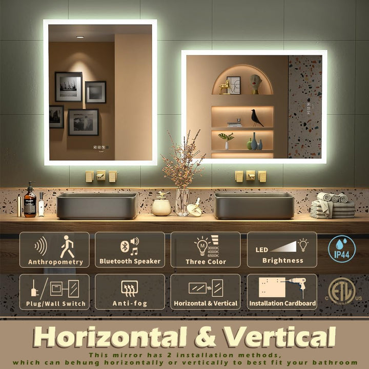 GANPE LED Bathroom Mirror, Makeup Vanity Mirror Wall Mounted, Human Induction, Bluetooth, Anti Fog,