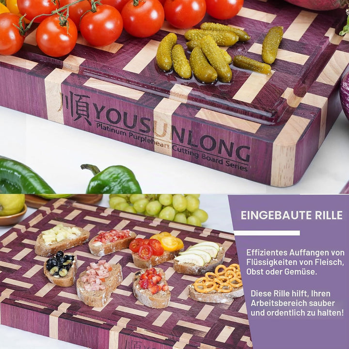YOUSUNLONG End Grain Schneidebrett - 50 L x 40 B cm Schneidbrett aus Purple Heart Holz - 3,8 cm dick