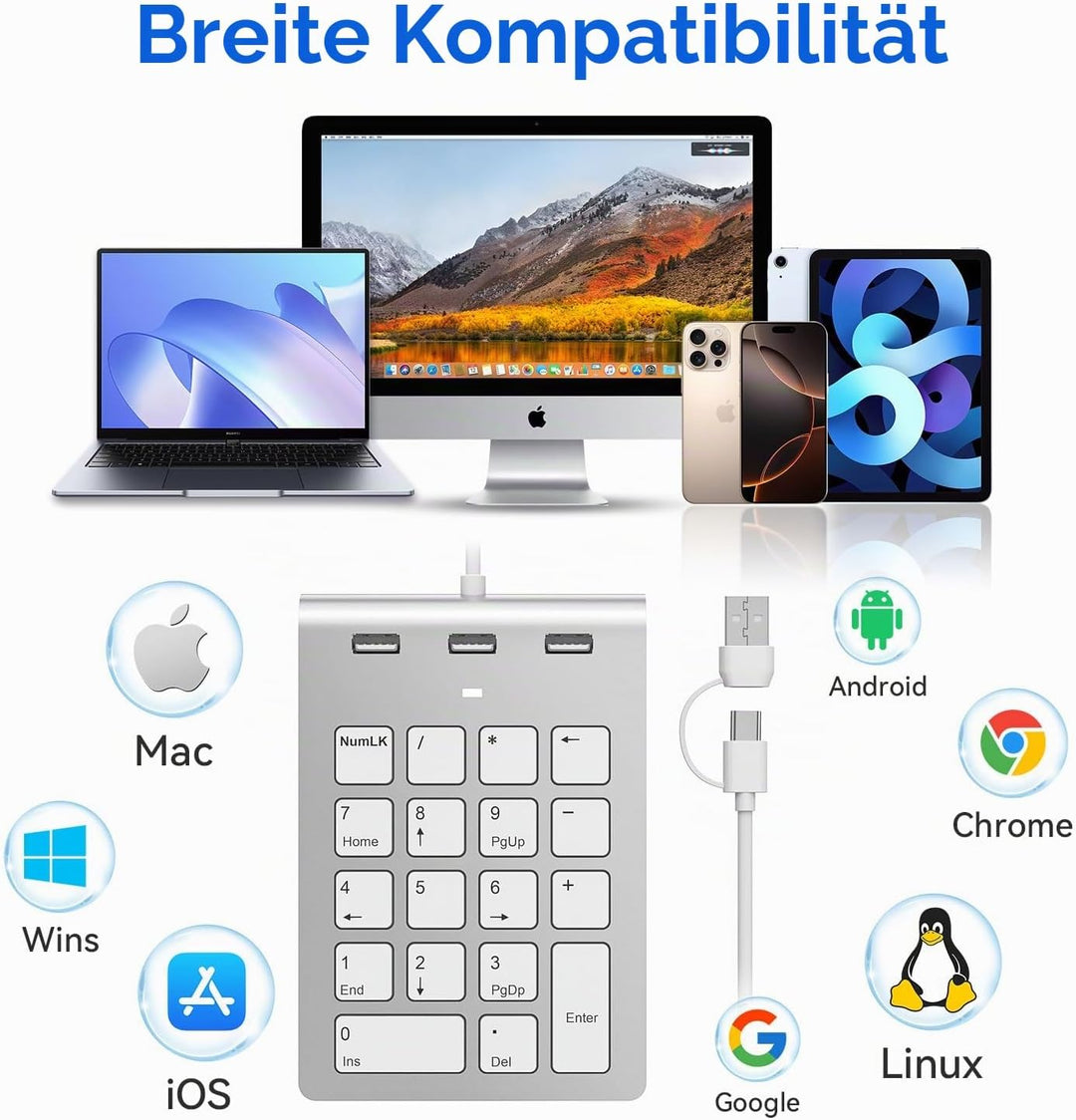 Rytaki Pro USB-C &amp; USB-A Numpad Wired – Nummernblock mit 3 USB 2.0 Hub, 18-Tasten Ziffernblock für L