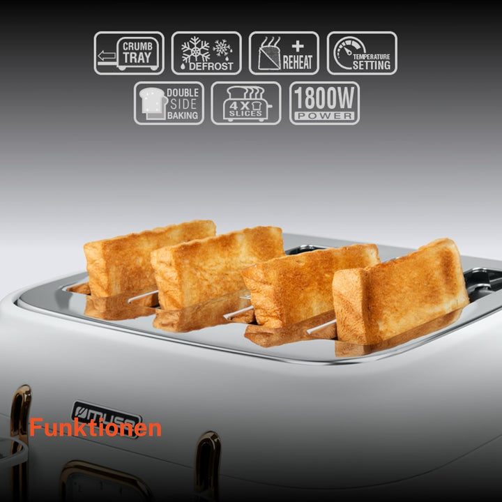 Muse Edelstahl-Toaster im weissen Retro Design, analoge Anzeige, beleuchtete Tasten, 6 Bräunungsstuf