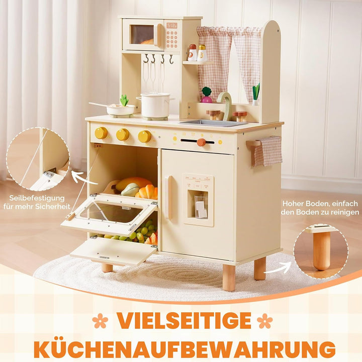 ROBUD Kinderküche aus Holz – Spielküche mit Kühlschrank, Eiswürfelspender, Backofen & Zubehör, Rolle