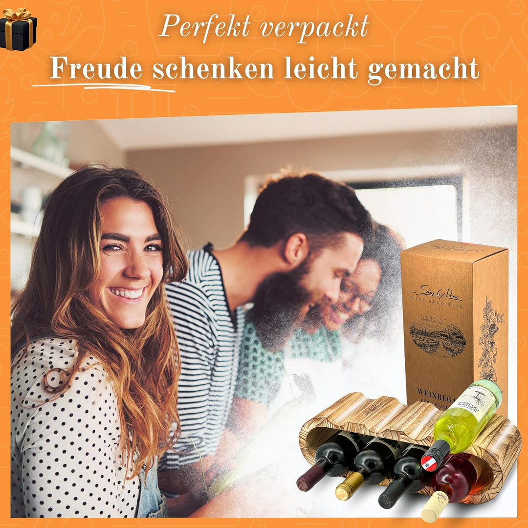 Rustikales Weinregal Holz geflämmt - Flaschenregal Holz für 8 Flaschen, 2 Etagen - Zeitloses Design,