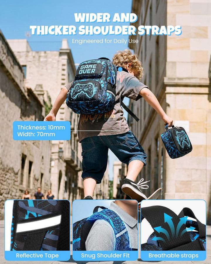 Schulrucksack Jungen Teenager 3 Teilig, Schultasche Kinder für 3. bis 7. Klasse mit Lunch Tasche Fed