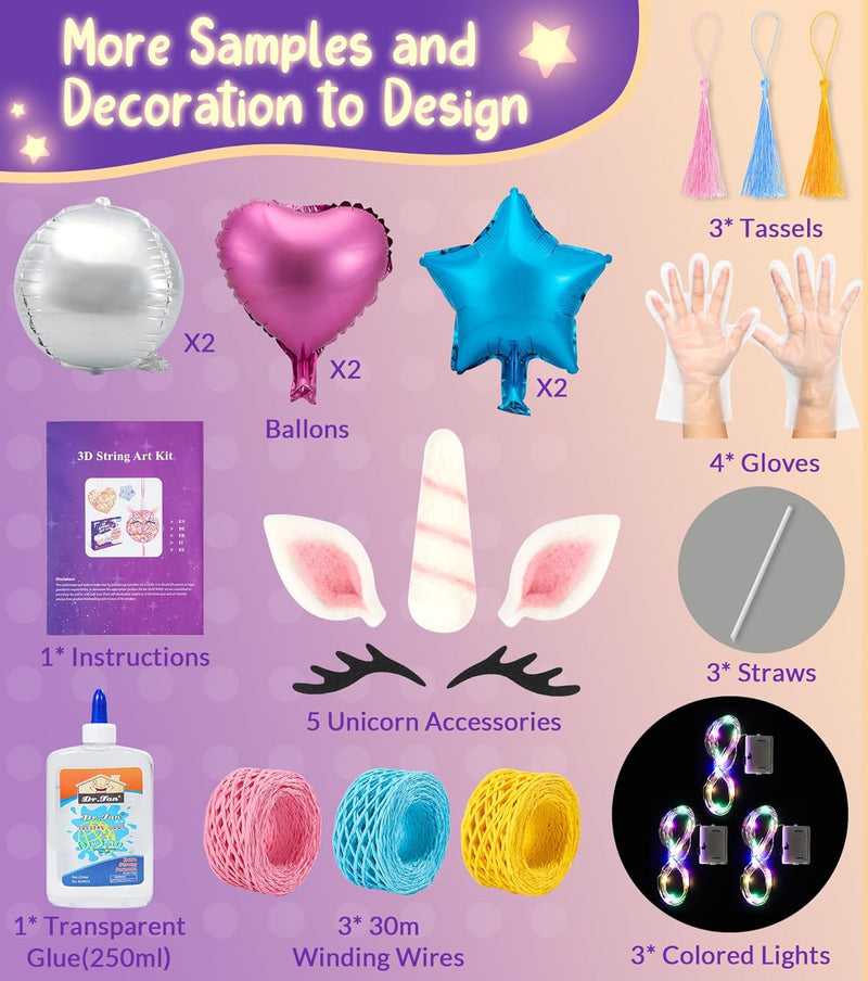 Ophy Basteln Mädchen, 3D String Art Kit für Kinder mit 20 mehrfarbige LED-Lampen Und 6 Luftballons G