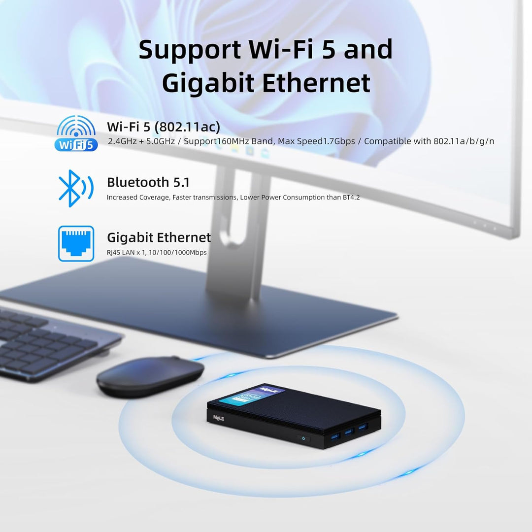 MeLE Quieter3Q Lüfterloser Mini PC Windows 11 Pro Celeron N5105 8GB 256GB, Portable Desktop HDMI Wif