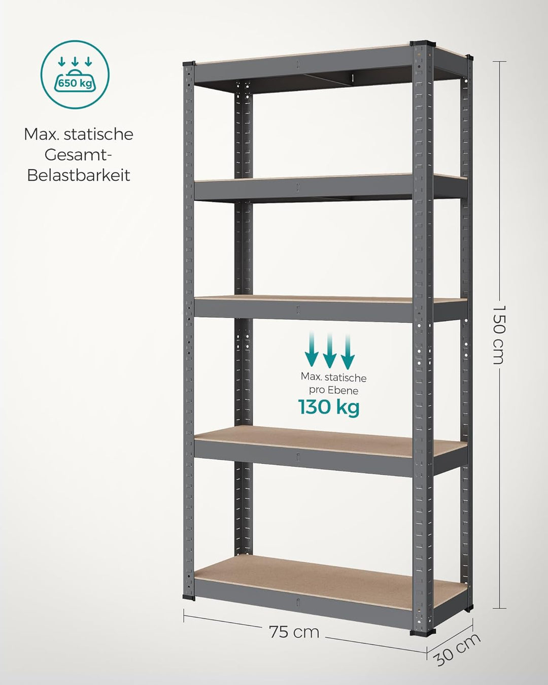 SONGMICS Schwerlastregal, Kellerregal, Lagerregal, 30 x 75 x 150 cm, Regal mit Stahlgestell, bis 650