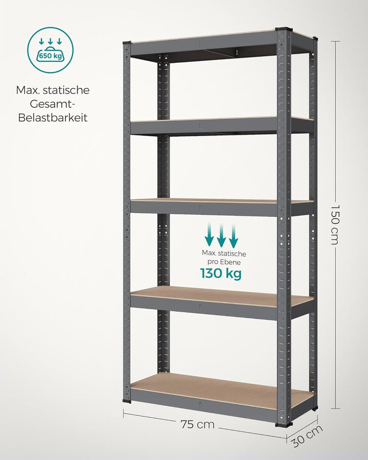 SONGMICS Schwerlastregal, Kellerregal, Lagerregal, 30 x 75 x 150 cm, Regal mit Stahlgestell, bis 650