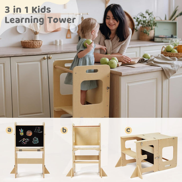 Labebe Lernturm für Kinder, Faltbarer Montessori Learning Tower, 3 in 1 Tritthocker Lernstuhl Kinder