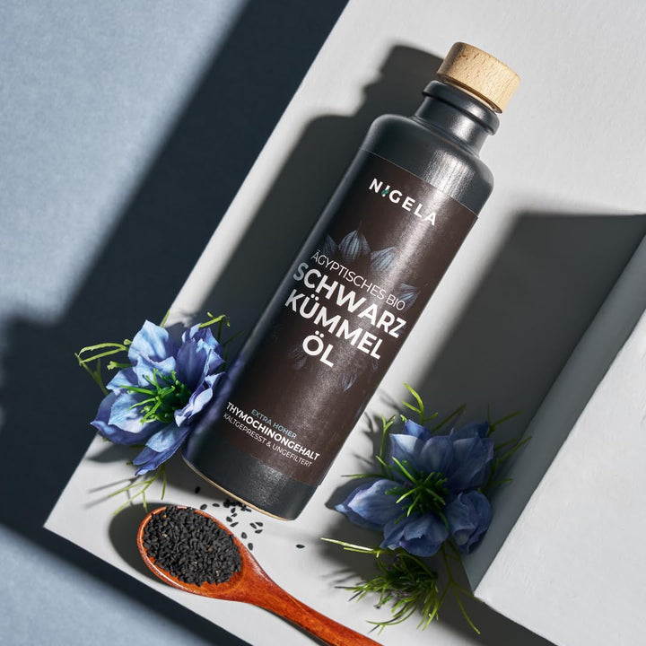 Nigela BIO Schwarzkümmelöl ungefiltert - Ägyptisches Schwarzkümmel Öl mit hohem Thymochinongehalt -