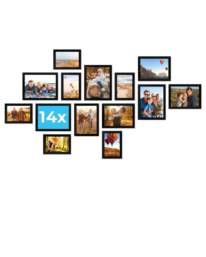 PHOTOLINI Schwarze Bilderrahmen Set verschiedene Grössen, Bilderwand Collage 14 Rahmen, Bilderrahmen