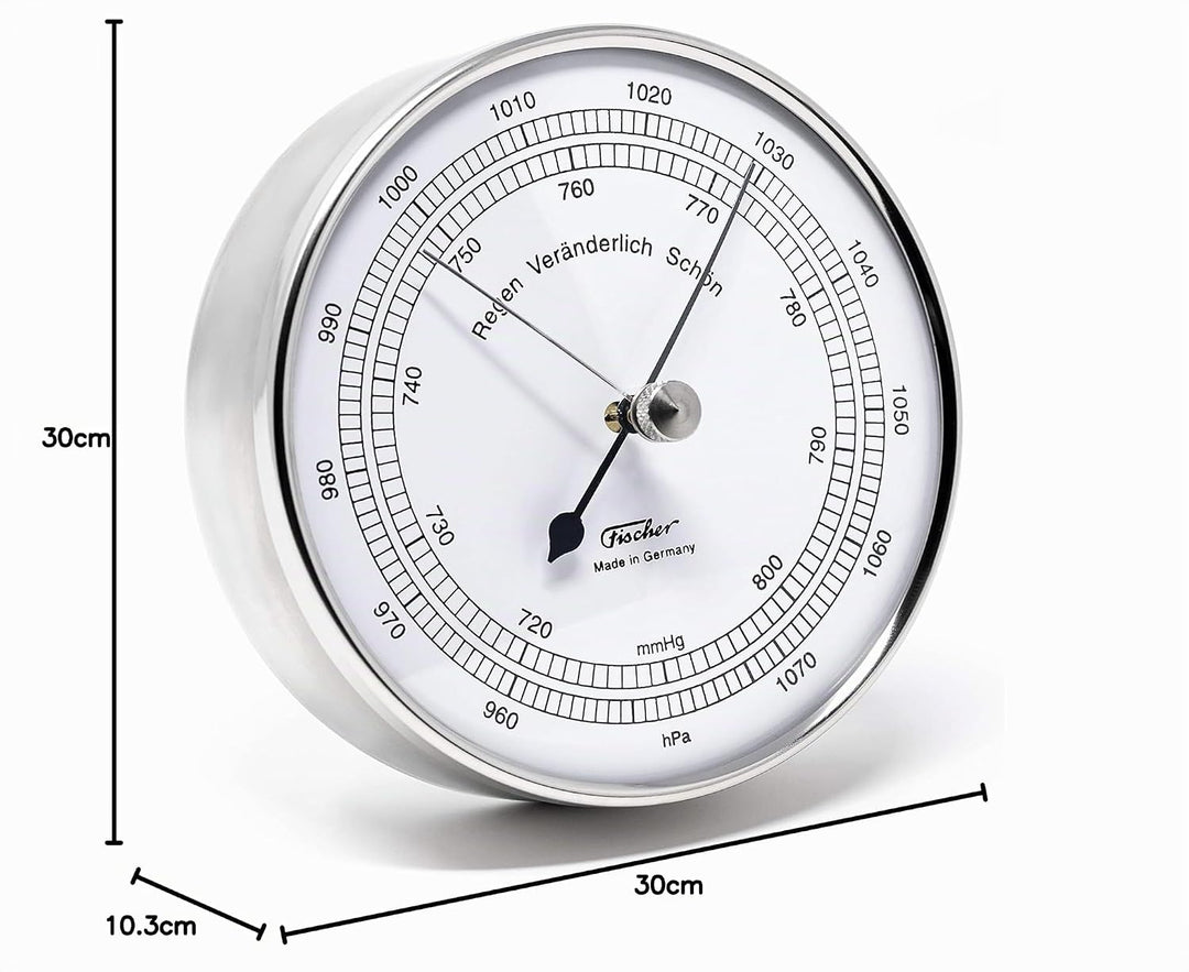 Fischer 15.01 - Barometer - 103mm Druckmessgerät mit Edelstahl-Gehäuse und weissem Ziffernblatt - Ma