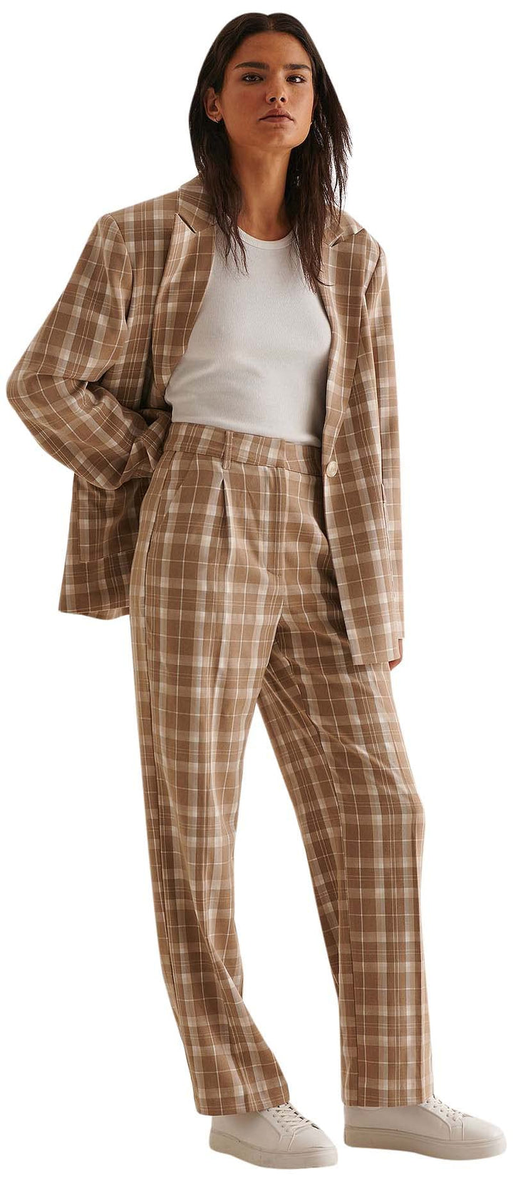 NA-KD Damen Loose Fit Suit Pants Hose 30 Beige Kariert, 30 Beige Kariert