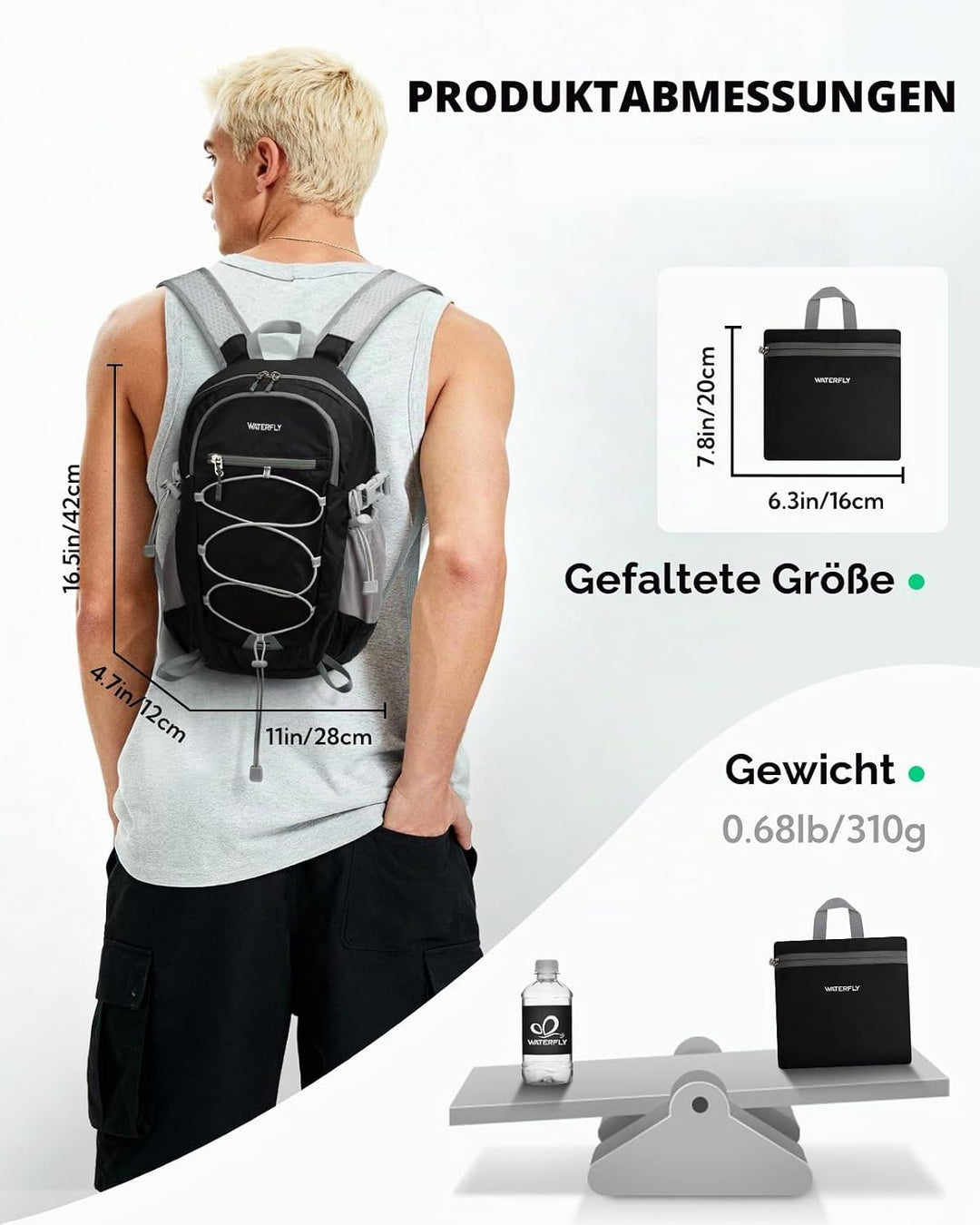 WATERFLY Rucksack Klein Faltbarer Rucksack: 15L Ultraleicht Wanderrucksack Foldable Backpack mit Atm