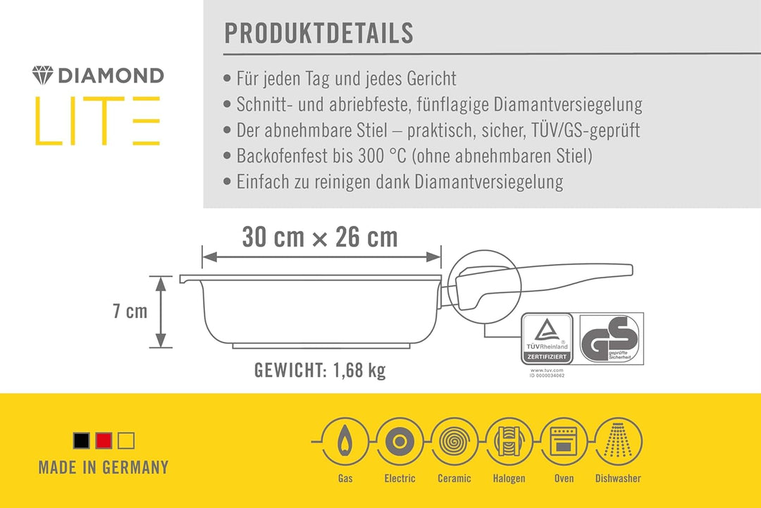 Woll Diamond Lite Rechteckpfanne, 30x26 cm, 7 cm hoch, mit abnehmbarem Stiel - Geeignet für Ceran, G