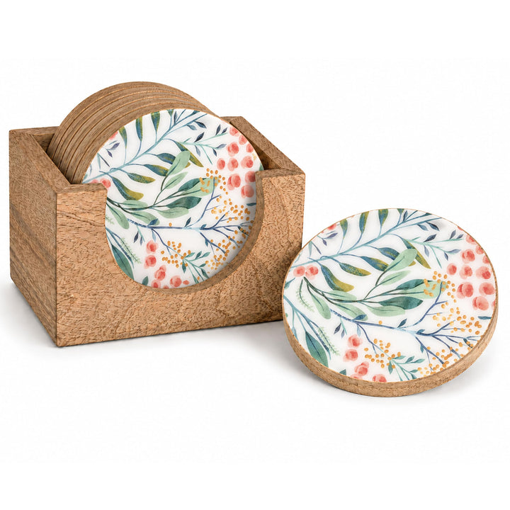 Decorasian Emaillierte Glasuntersetzer aus Mangoholz – 6er Set mit Halter Box (Ø 9,5cm) – Handgefert
