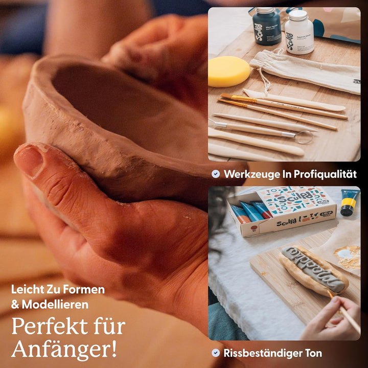 Sculpd Pottery Starter Kit – Komplettes Anfängerset aus luftgetrocknetem Ton + Malen für 2 Erwachsen