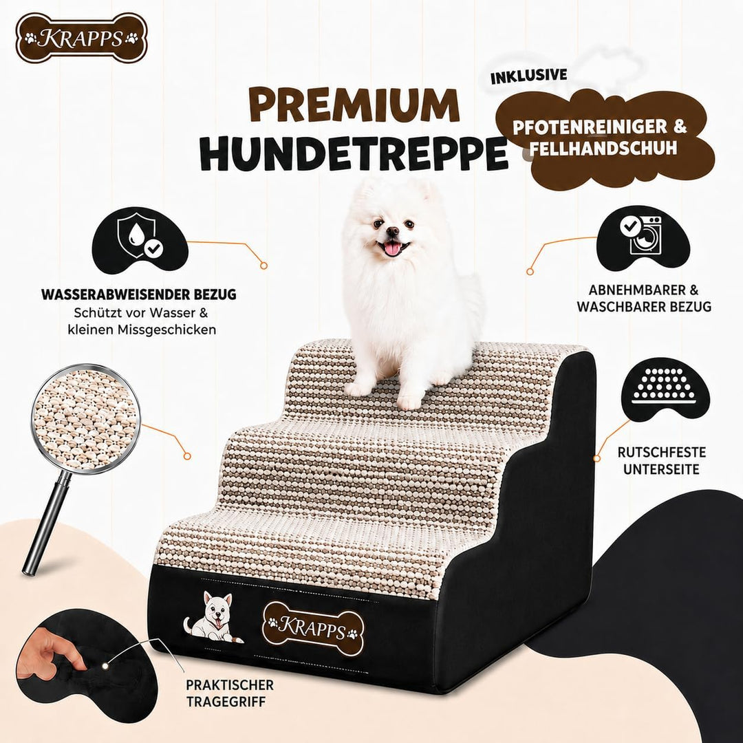 Hundetreppe für kleine Hunde mit Tierhaarentferner-Handschuh und Pfotenreiniger - Katzentreppe für S